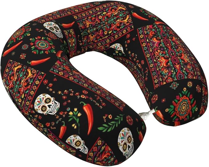 Funny Neck Pillow Support for Car Flight Rest Mexican Style Sugar Skull Traditional Paisley, Memory Foam U Shaped Decor Head Cushion for Home Outdoors Travel