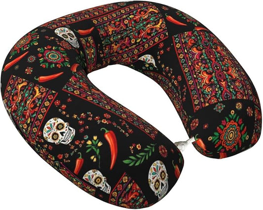 Funny Neck Pillow Support for Car Flight Rest Mexican Style Sugar Skull Traditional Paisley, Memory Foam U Shaped Decor Head Cushion for Home Outdoors Travel