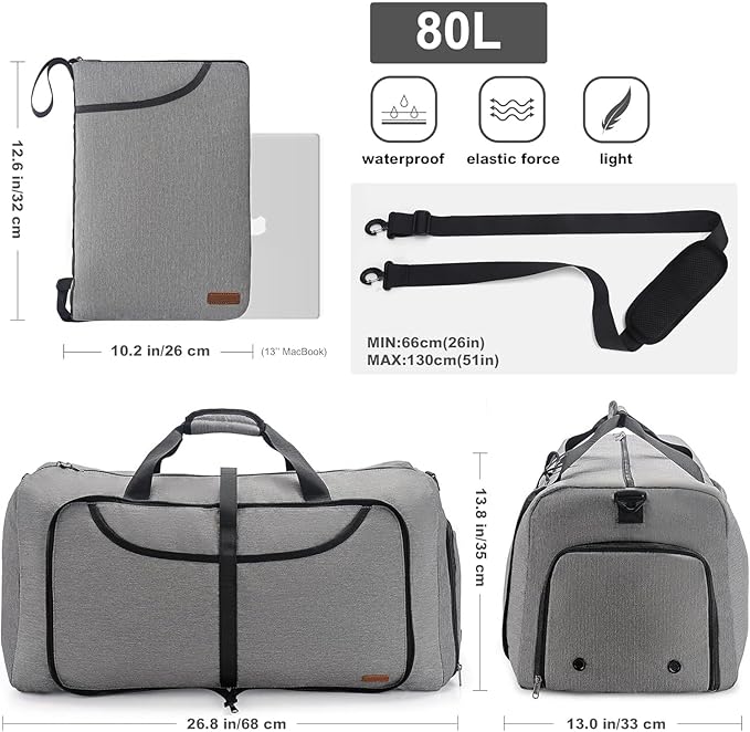80L Duffle Bag for Travel, Large Foldable Waterproof Travel Duffel Bags Weekender Overnight Bag for Men and Women with Shoe Compartment (Gray)