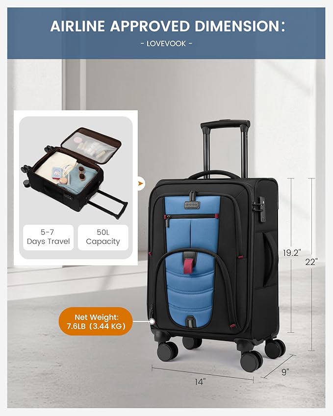 Carry On Luggage 22x14x9 Airline Approved, 22-Inch Suitcases with Spinner Wheels, Softside Carry-on Luggage with TSA Lock for Men Women Business Trip, Lightweight Large Capacity Luggage for Travel