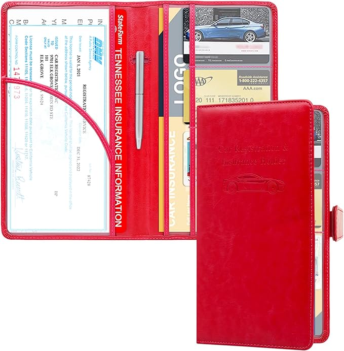 RSAquar Car Registration and Insurance Holder, Leather Car Glove Box Organizer, Cool Car Accessories for ID, Driver's License Cards & Essential Document, Men&Women, Red