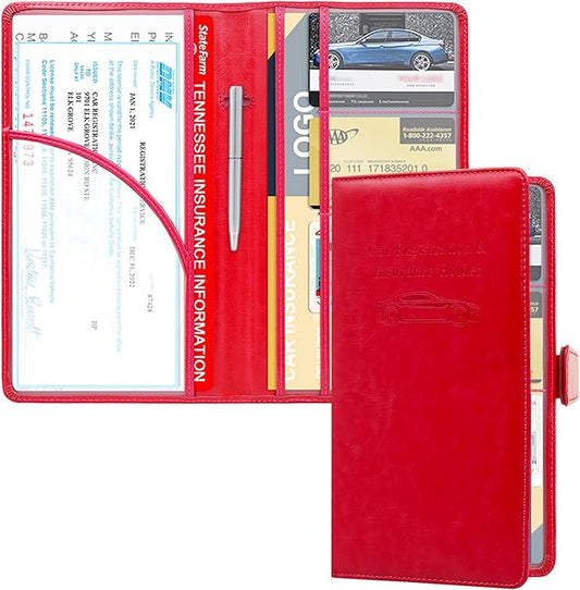 RSAquar Car Registration and Insurance Holder, Leather Car Glove Box Organizer, Cool Car Accessories for ID, Driver's License Cards & Essential Document, Men&Women, Red