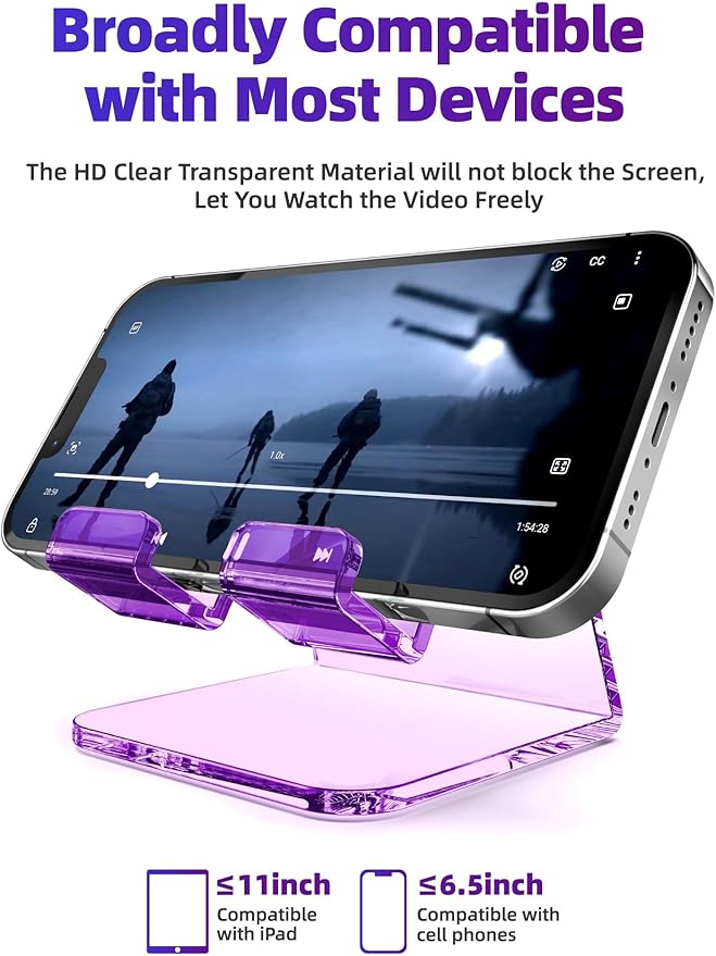 TOPGO Acrylic Cell Phone Stand, Clear phone Holder for Office Desk, Vanity, Kitchen Counter, Bedside Table, Compatible with iPhone 17 16 15 14 13 12 Pro Max Plus/Smartphones/iPad/Switc(Crystal Purple)