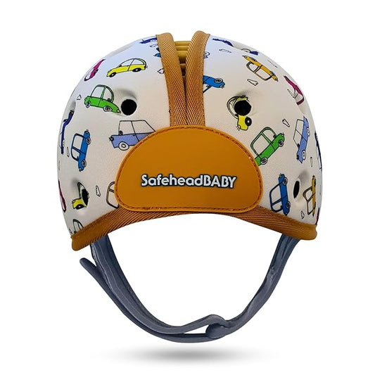 SafeheadBABY Soft Baby Head Protector Helmet for Crawling and Walking 7–24 Months – Ultra-Lightweight & Breathable Infant Safety Helmet That Grows with Your Baby (Head Circ. 40–52 cm) – Cars Orange