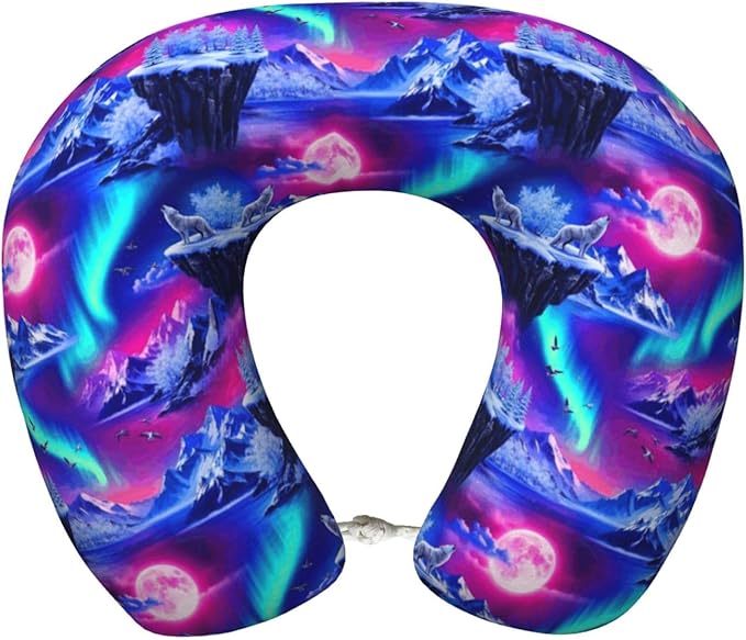 Neck Travel Pillow, Breathable Memory Foam Chin & Head Support Cushion Full Moon Wolves Aurora Art for Airplane Car Sleeping Rest