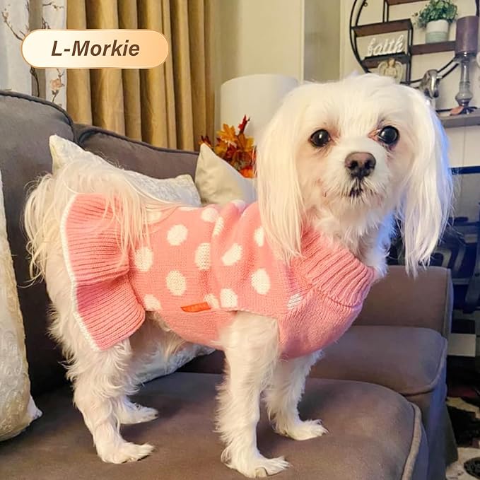 KYEESE Valentines Dog Sweater Dress, Warm Dog Sweaters for Small Dogs Girl Dogs Clothes, Pullover Cozy Knit Pet Apparel with Leash Hole, Pink Dot, L
