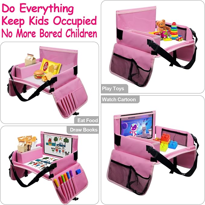 Julaiwy Car Seat Tray for Kids Travel, Carseat Tray for Toddler Road Trip Activities, Car Trays for Kids Road Trip Essentials, Travel Trays for Airplane, Toddler Car Seat Lap Table - Pink