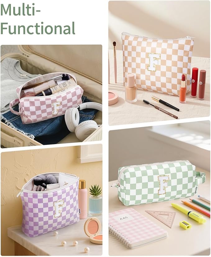 Narwey 2 Piece Personalized Initial Makeup Bag Checkered Cosmetic Bags, 6 8 10 11 12 13 14 16 18 Years Old Teen Girl Gifts Trendy Stuff Birthday Gifts for Women, Travel Toiletry Bag (Green Letter F)
