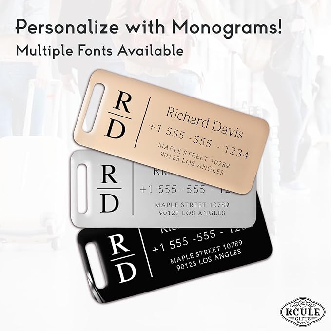 Personalized Luggage Tags for Suitcases 4 Pack - Stainless Steel Custom Luggage Tags for Backpacks & Bags, Sturdy, Waterproof & Heavy Duty (Black / 3" x 1.25")