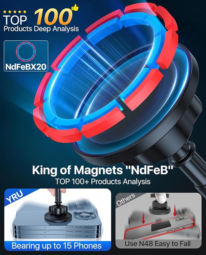 YRU [2025 Upgraded] Magnetic Phone Holder for Car【Patented & Super Magnet】for MagSafe Car Mount Dashboard Magnet Phone Holder Windshield Phone Stand for iPhone 17 16 15 14 13 12 Pro Max Samsung, Black