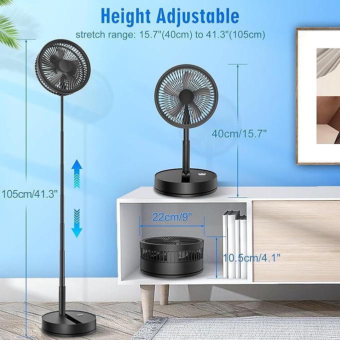 LIPETY Portable Foldable Rechargeable Oscillating Fan - 9" 7200mah Battery Operated USB C Small Fan Remote, Quiet Table Desk Fan Folding Standing Pedestal Fans for Bedroom Rome Office Camping Travel