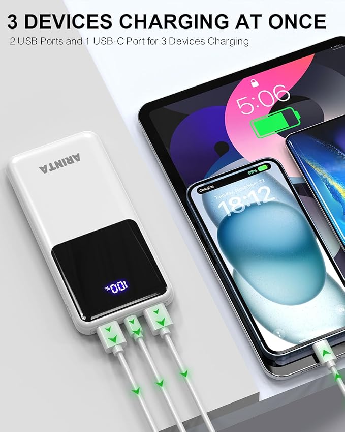 Power Bank Portable Charger 10000mAh PD 22.5W, 5V Battery Pack for Heated Vest & Heated Jacket, LED Display & USB-C Input/Output, Compatible for Smartphones, Tablets,Travel Essentials. (White)