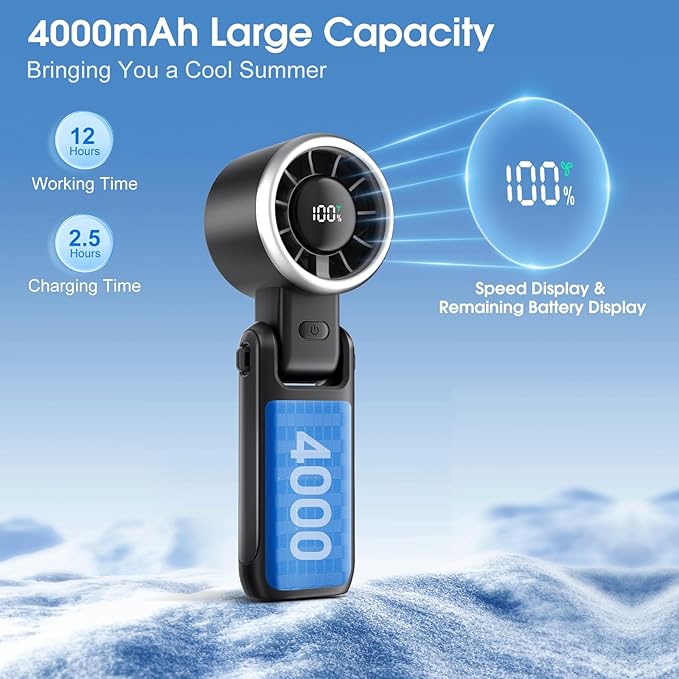 WHATOOK Portable Fan Rechargeable Mini Fan: Hand Fan with Air Turbo Tech, 4000mAh and 5 Speeds Led Display, 3 IN 1 Foldable Small Personal Fans for Travel, Outdoor, Working, Shopping (Black)