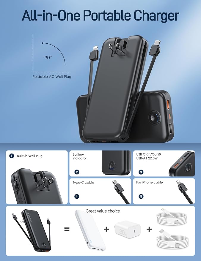 Portable Charger, 12000mAh 22.5W Fast Charging Power Bank with Built-in Cables & Wall Plug, Travel Essentials External Battery Pack, USB C Battery Phone Charger for iPhone, iPad, Samsung Black