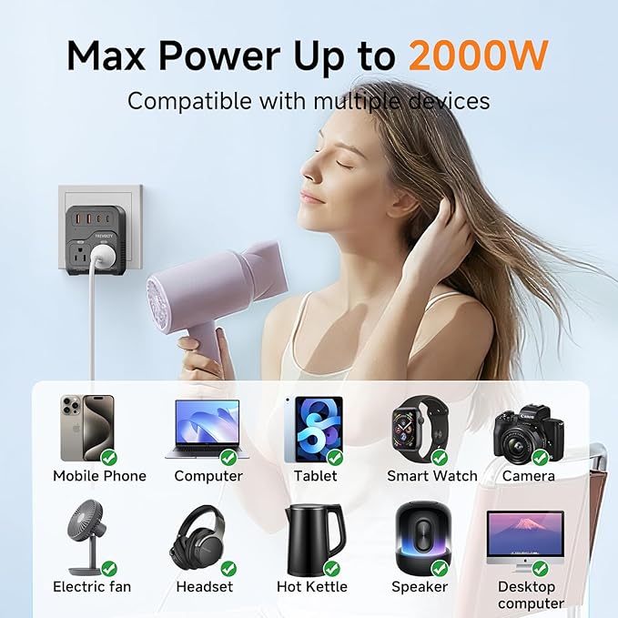2000W Voltage Converter US to Europe, 220V to 110V Converter for Hair Dryer, 7-in-1 European Travel Plug Adapter with 3AC/2USB-A/2USB-C (PD20W), Travel Essentials with US/JP/FR/DE/UK/AU/EU