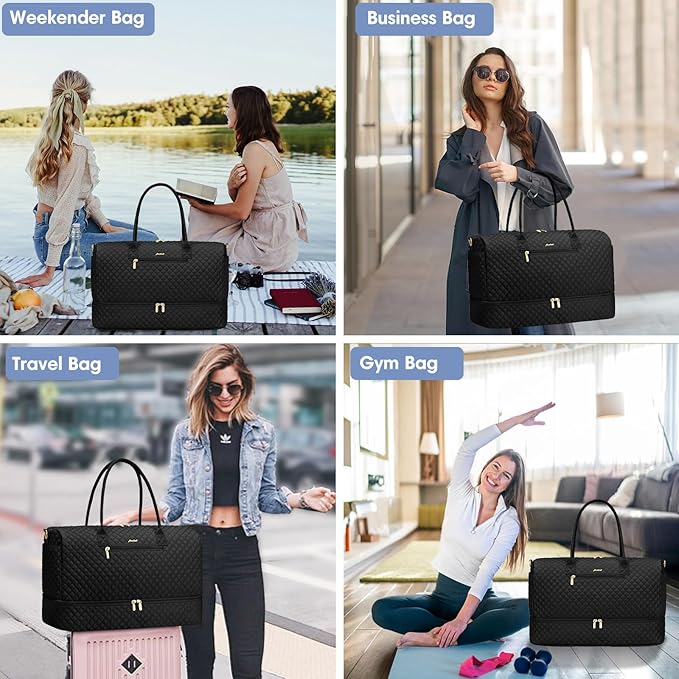 Travel Weekender Bags for Women - Duffle Bag Women with Shoe Compartment Carry On Overnight Bag with Toiletry Bag Duffel Bags with Wet Pocket for Gym Hospital Bags Black for College
