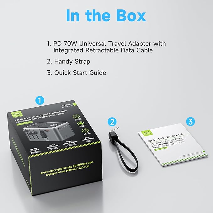 Minthouz Universal Travel Adapter, International 70W Power Adapter GaN Fast Charger with 3 USB-C PD, 1 USB-C Cable & A Ports, All-in-One Portable AC Power Plug Adapter for USA EU UK AUS