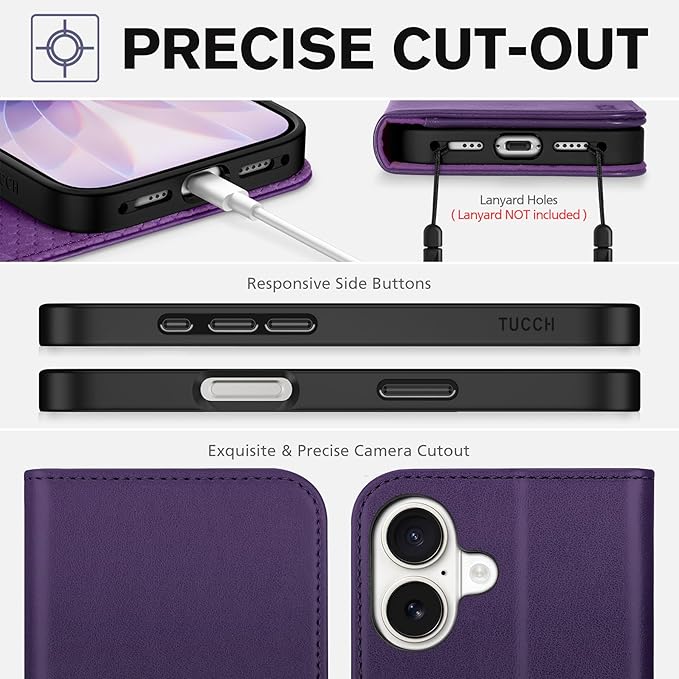 TUCCH Wallet Case for iPhone 17 (6.3") 2025, 3 Credit Card Slot | RFID Blocking | Stand | PU Leather | Protective Flip Folio Cover | Shockproof TPU Interior Shell | Dark Purple