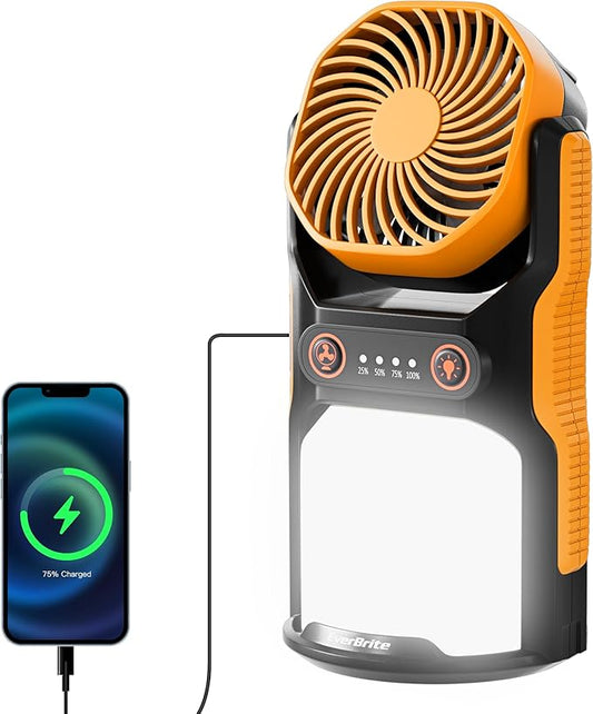 EVERBRITE Rechargeable Camping Lantern with Fan- 4400mAh Power Bank, Camping Fan with 3 Fan Speeds, Portable 1000LM Handheld Light with Hanging Hook for Summer Camping, Hiking, USB Cable Included