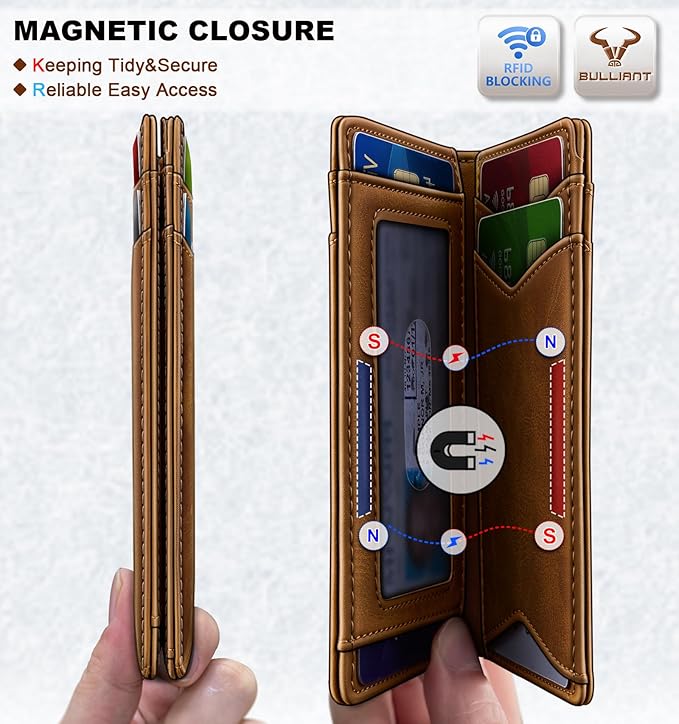 BULLIANT Men Wallet,Top Grain Leather Slim Wallet Magnetic Closure Simplifed Bill Folder RFID Blocking 11Cards