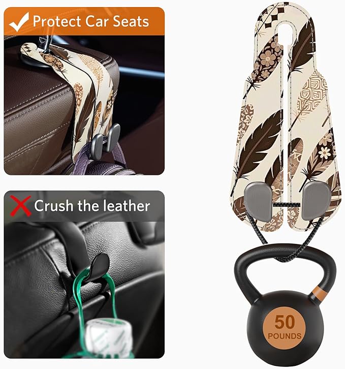 CoBak Purse Hook for Car - Universal Premium Stitched Leather and Aluminum-Magnesium Alloy Double Car Seat Back Storage Hook for Purses, Handbags, Bags (2 Pack),Brown