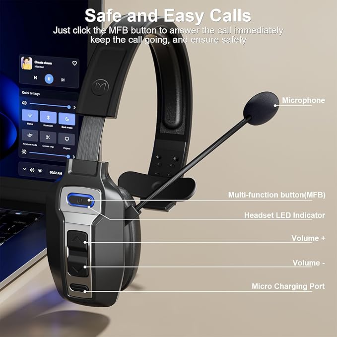 Bluetooth Headset, Trucker Bluetooth Headset with AI Noise Cancellation Microphone & Mute Button, Trucker Headphones with 65 Hrs Working Time, 5.2 Multitasking for Truck Drivers/Phone