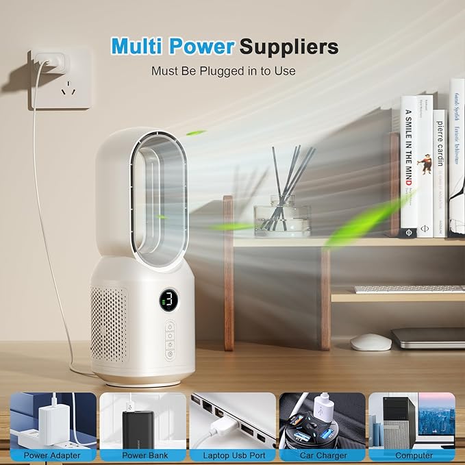 Desk Fan,13 Inch Portable Bladeless Fan, Small Quiet Office Fan with 106° Oscillating, 3 Speeds & Night light, LED Display, Button Control, Personal Table Fan for Bedroom, Office, Home, Study Room