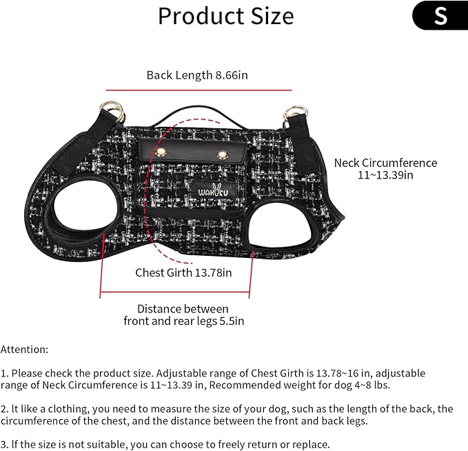 Wakytu Dog Lift Harness Dog Carrier Dog VES Harness Adjustable Dog Leash with Small Puppy Treat Bag（Black,S）