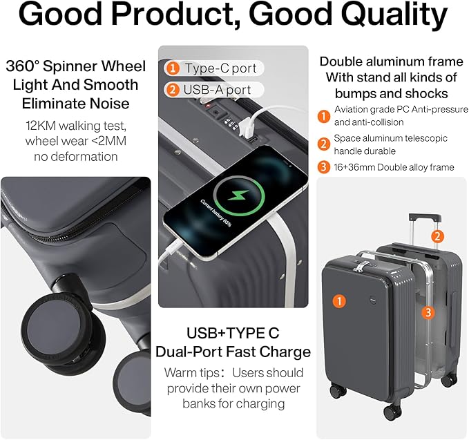 mixi Checked Luggage with Cup Phone Holder and Charger Hard Shell Suitcases with Spinner Wheels, 24 Inch Rock Gray