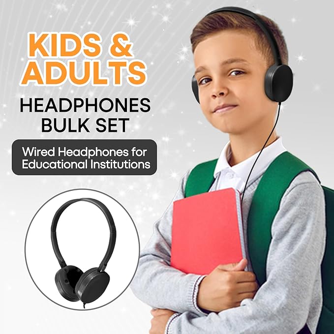 Classroom Headphones Bulk 100 Pack for School Kids K-12,Wholesale Durable Earphones Class Set for Students Children Teens Adults, Airplane and Hospiital (HY104,Black)