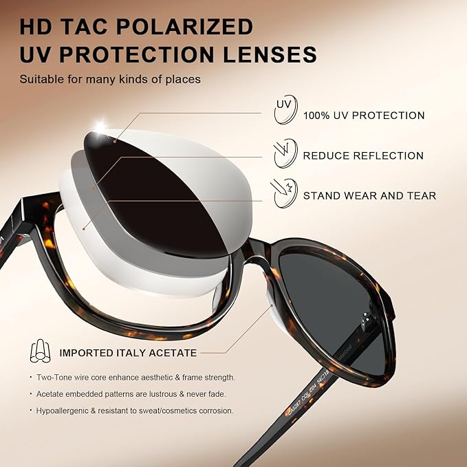 CARFIA Designer Acetate Womens Polarized Sunglasses Fit Most Face Shapes Trendy Shades UV Protection Hypoallergenic Handmade