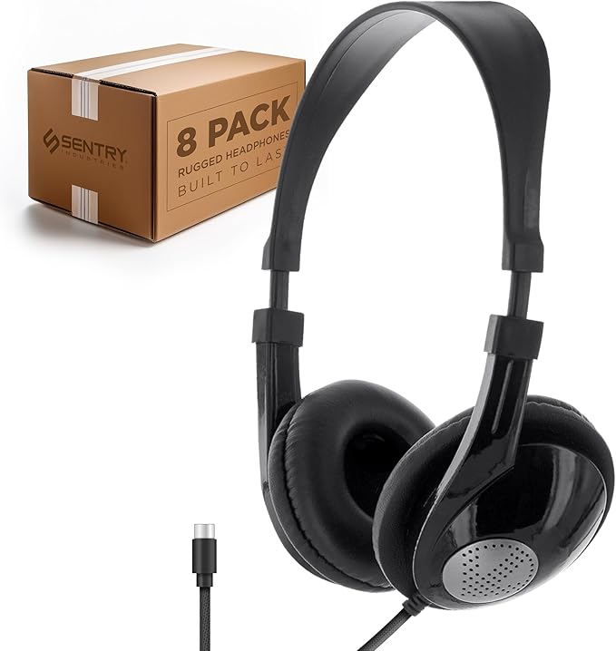 SENTRY Bulk Rugged School Headphones, Durable for Kids, Students, Teachers, Classrooms, 3.5mm or USB-C Jack Options, Optional Boom Mic for Online Learning (8 Count - USB C Inline Mic, 8, Count)