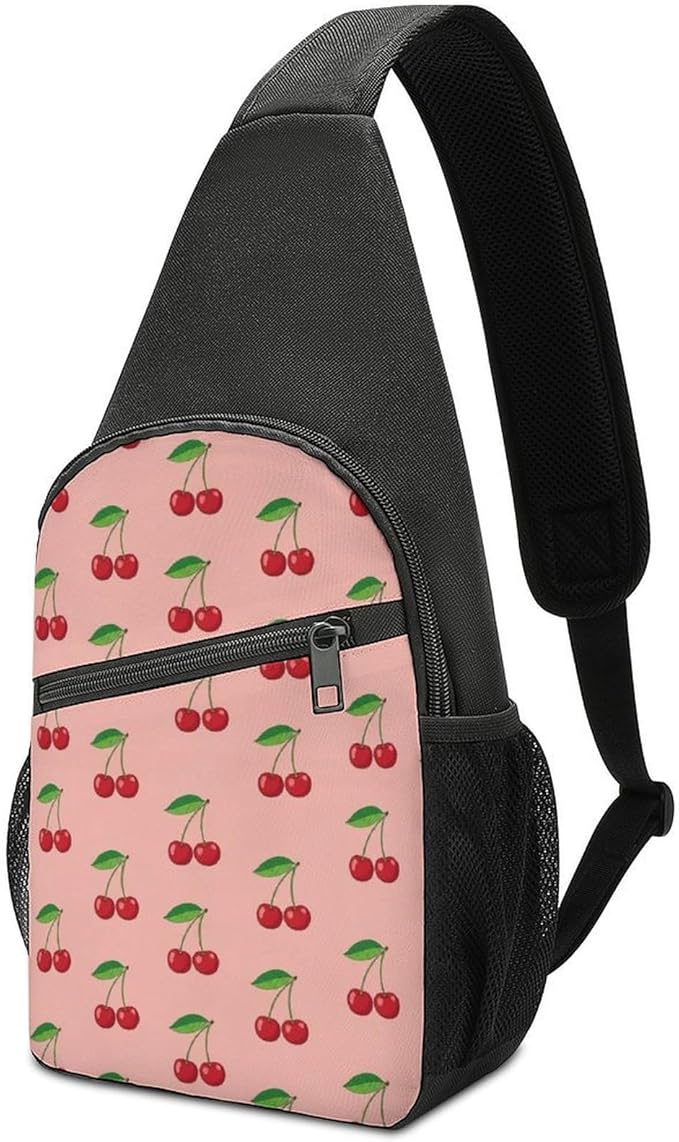 SWEET TANG Cute Sling Shoulder Backpacks Pink Cherry Fruit Theme Cherries Bags Chest Sack, Anti Theft Crossbody Rucksack for Hiking Traveling Sports, Multipurpose Daypacks for Men Women