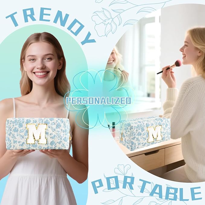 Personalized Quilted Cosmetic Bag, Puffy Monogrammed Christmas Birthday Gifts for Women & Girls, Cute initial Floral Makeup Bag Puffer Coquette Bag, Aesthetic Travel Toiletry Zipper Pouch(Blue,M)