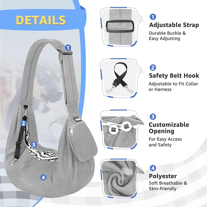 SlowTon Dog Carrier Sling - Thick Padded Shoulder Strap Adjustable Dog Carriers for Small Dogs, Puppy Carrier Purse for Pet Cat with Front Zipper Pocket Safety Belt Machine Washable (GY, L)