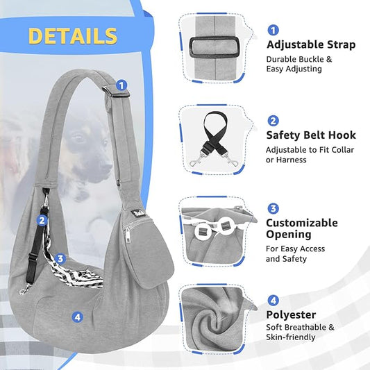 SlowTon Dog Carrier Sling - Thick Padded Shoulder Strap Adjustable Dog Carriers for Small Dogs, Puppy Carrier Purse for Pet Cat with Front Zipper Pocket Safety Belt Machine Washable (Grey, S)
