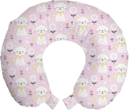 Ambesonne Kitten Travel Pillow Neck Rest, Flowers Cats with Striped Tails and a Ribbon, Memory Foam Traveling Accessory for Airplane and Car, 12", Mauve Pale Pink