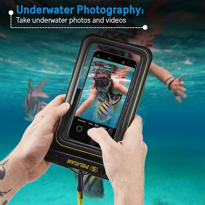 Pelican 2 Pack Marine - IP68 Waterproof Phone Pouch (XL Size) Floating Waterproof Phone Case - Beach Cruise Ship Travel Essentials - Works with All Phones - Detachable Lanyard - Black/Hi-Vis Yellow | 2 Pack, Marine, XL Size, Detachable Lanyard