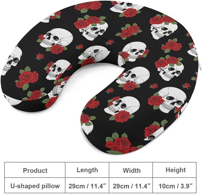 Lightweight Travel Neck Pillow Halloween Red Rose Skull Memory Foam U Shaped Cushion, Washable Removable Cover for Airplane Car Outdoor Rest
