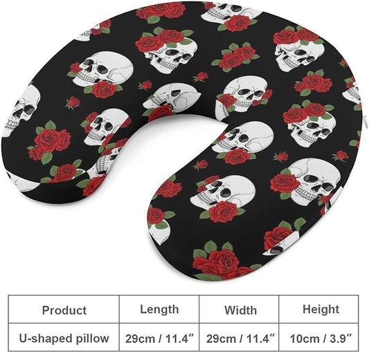 Lightweight Travel Neck Pillow Halloween Red Rose Skull Memory Foam U Shaped Cushion, Washable Removable Cover for Airplane Car Outdoor Rest