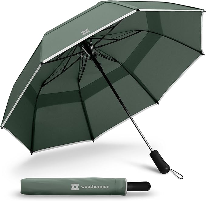 Weatherman Premium Collapsible Small Travel Umbrella Compact - Windproof, Resists Up to 55 MPH Winds - Foldable Travel Umbrellas for Rain & Wind - Easy Auto Open w/Strong Fiberglass Frame (Sage)