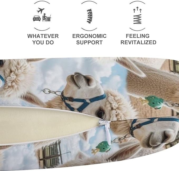 Breathable Travel Pillow Funny Alpaca Memory Foam Chin Support, Removable Washable Cover for Airplane Car Office Sleeping