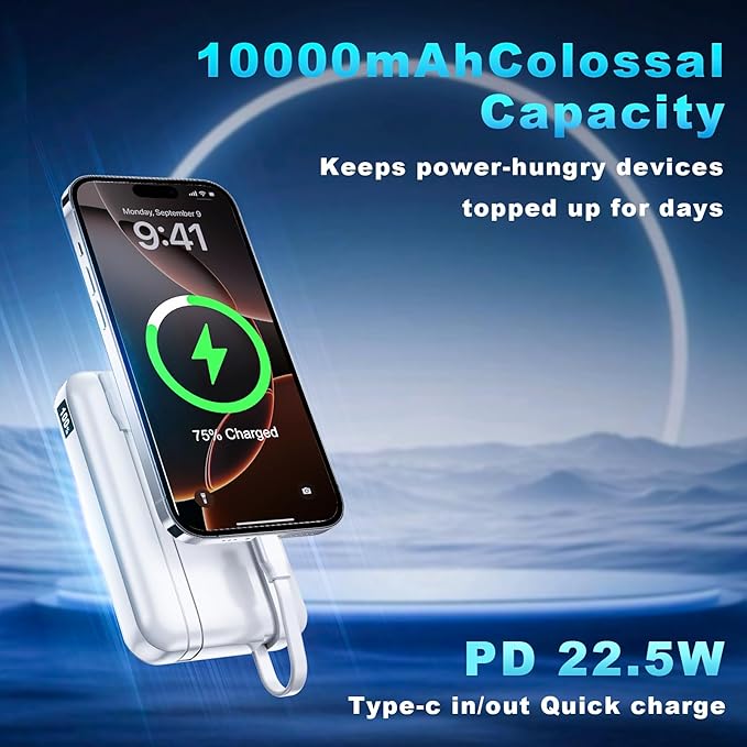2 Pack 10000mAh 22.5W Fast Charging Power Bank-Slim Portable Charger with Built-in Cords, USB C in&Out, 2 Outputs 2 Inputs, LED Display for iPhone 17-12, Samsung, Android (White&Black)