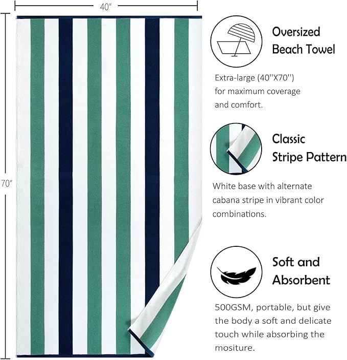 Cotton Oversized Beach Towel - Extra Large 40"X70" Plush Thick Pool Towel, XL Fluffy Stripe Beach Towels Teal Swimming Towel for Adults Mens Women (White Teal Blue)