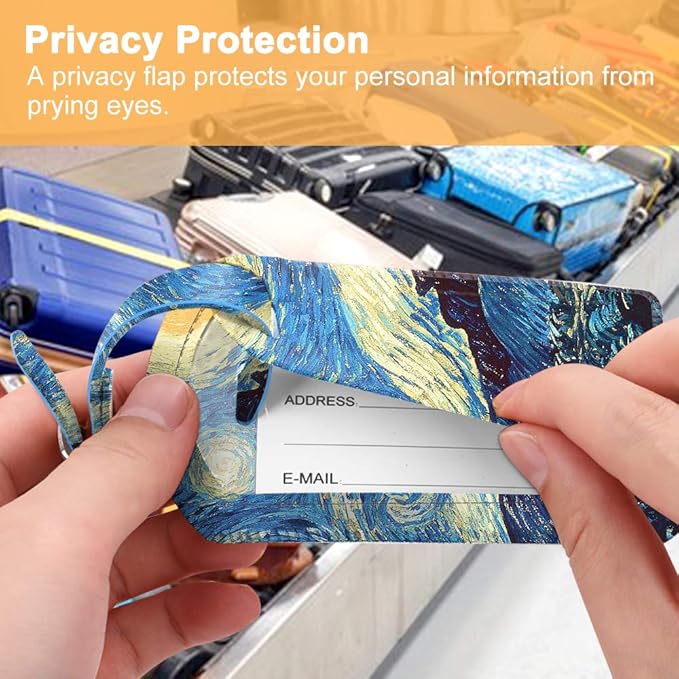 FINTIE 2 Pack Luggage Tags, Leather Name ID Labels with Privacy Cover for Travel Bag Suitcase, Theme - Starry Night