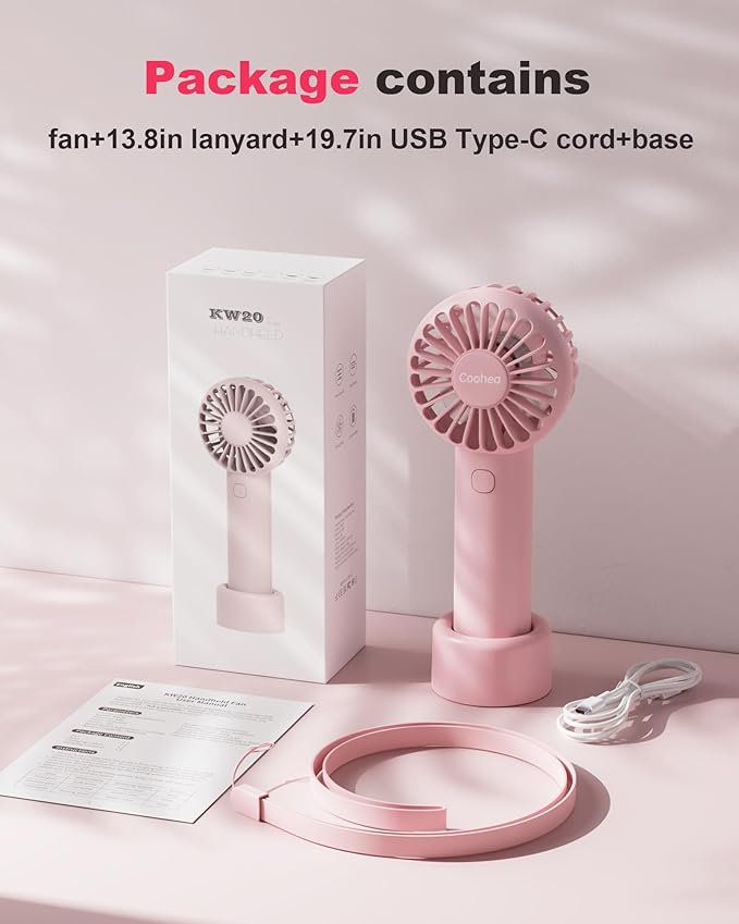 Coohea Mini Handheld Fan, Small Cute Design, 3 Powerful Speeds, USB Rechargeable Battery Operated, Personal Portable Fan with Base & Lanyard, for Eyelash Makeup Travel Beach Office Desk, Pink