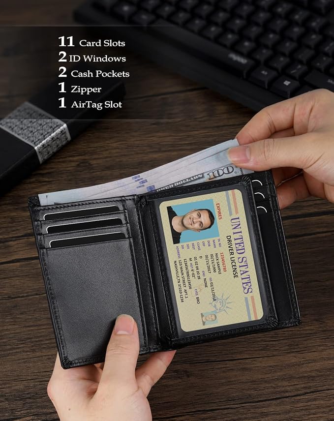 Swallowmall AirTag Wallet Mens RFID Blocking Genuine Leather Bifold Men's Wallet For air tag with 2 ID Window 11 Card Holders Vertical Black(Airtag Not included)