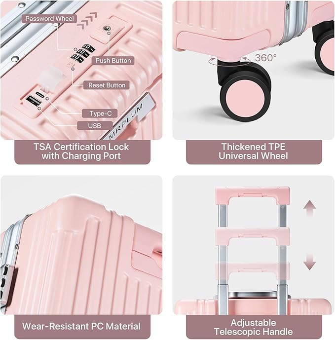 MRPLUM Front Pocket Carry On Luggage,PC Hardside Spinner Wheel Suitcase with TSA Lock,Cup Holder,Phone Holder&USB Charging Port,Pink(1 Piece)