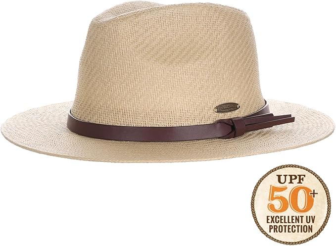 Panama Jack Straw Safari Hat - Vegan Leather Band Matte Toyo, UPF 50+ Sun Protection