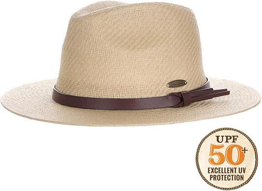 Panama Jack Straw Safari Hat - Vegan Leather Band Matte Toyo, UPF 50+ Sun Protection